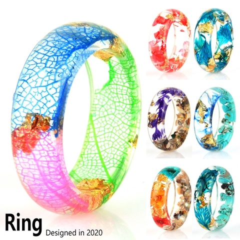 Hechos a mano nuevos, flores secas del bosque, papel de aluminio dorado, anillo de resina interior para mujer, joyería, anillos para boda, regalo de fiesta ► Foto 1/6