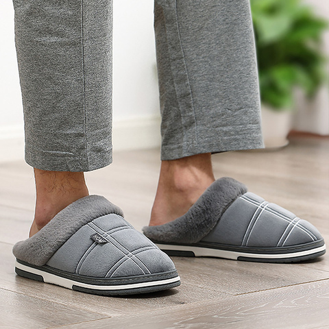 Zapatillas de casa antideslizantes para hombre, zapatos de Interior de ante de costura antideslizante para hombre, Zapatillas de casa de peluche acogedor con piel talla 14 15 16 ► Foto 1/6