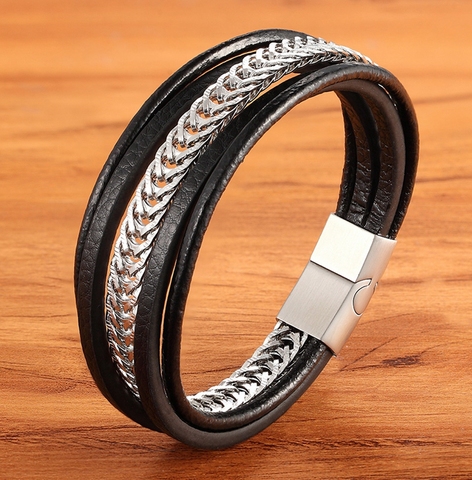 Pulsera de cuero negro multicapa para hombre, combinación de acero inoxidable, Color dorado, negro y plateado, regalo sorpresa de Navidad ► Foto 1/6