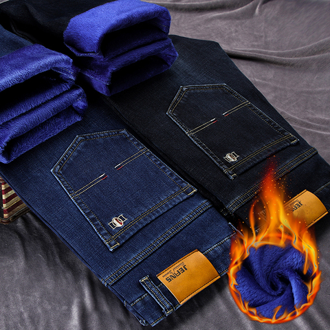 Pantalones vaqueros de talla grande para hombre, Jeans de mezclilla gruesos de lana azul y negro cálido, elásticos, de negocios, de marca, para invierno, 42, 44, 46 ► Foto 1/6