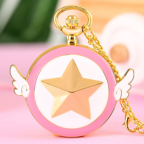 Reloj de bolsillo de cuarzo de Sailor Moon, collar con colgante de alas de estrellas de cinco puntas, regalo para mujeres y niñas, Anime japonés dorado de lujo ► Foto 1/6