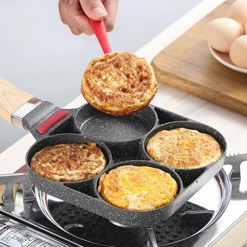 Olla para freír de cuatro agujeros, sartén para freír, sartén para tortilla, antiadherente, para huevos, tortitas, carne, Pan, cocinar, jamón, fabricante de desayuno, utensilios de cocina ► Foto 1/6