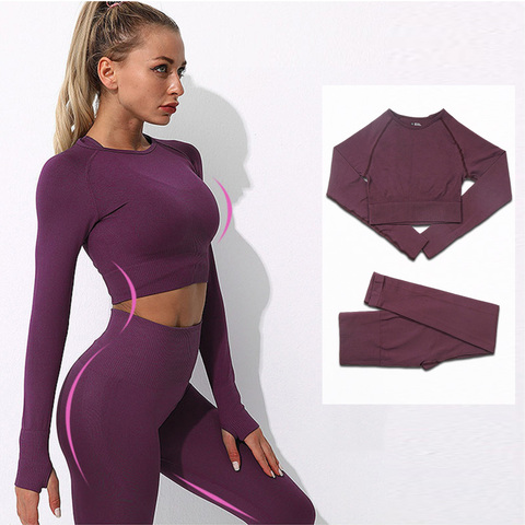 Conjunto de ropa deportiva para mujer, Top corto de manga larga, Leggings vitales sin costuras, ropa de Yoga de dos piezas, traje de equipo de gimnasio para entrenamiento ► Foto 1/6