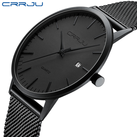 CRRJU-relojes de moda para hombre, de cuarzo, ultrafino, informal, de malla fina, de acero, deportivo, resistente al agua, negro, Masculino ► Foto 1/6