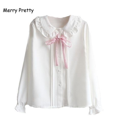 Merry Pretty-Blusa de manga larga con cuello Peter Pan para otoño, camisa blanca de gasa con lazo rosa, uniforme escolar ► Foto 1/6