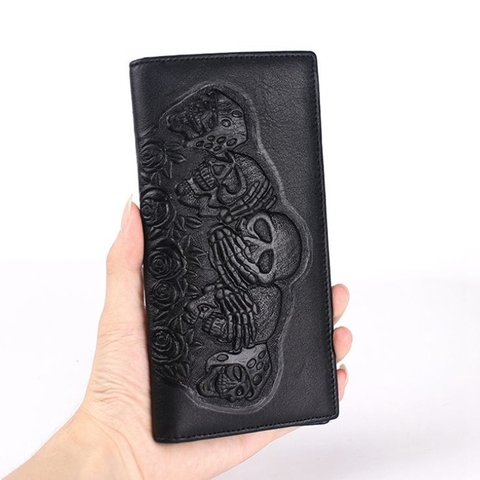 Punk estilo cráneo cartera negro gótico de cuero de la PU de los hombres y las mujeres cartera Rosa fantasma monedero con relieve diseño único elegante carteras largas ► Foto 1/6