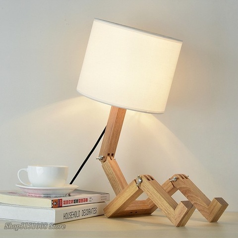 Lámpara de mesa de madera con forma de Robot para dormitorio, soporte de lámpara E27, arte moderno de tela, escritorio de madera, luz nocturna de estudio interior ► Foto 1/5