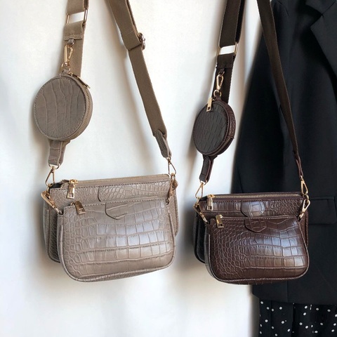 Bolso de hombro Vintage de cocodrilo para mujer, bandolera con correa ancha de diseñador de lujo, bolso cruzado con cadena de cuero pu, conjunto de 3 carteras ► Foto 1/6