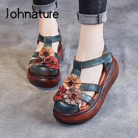 Johnature-Sandalias de piel auténtica para mujer, zapatos informales con cuña Retro y correa de hebilla, sandalias de plataforma para mujer 2022 ► Foto 1/6