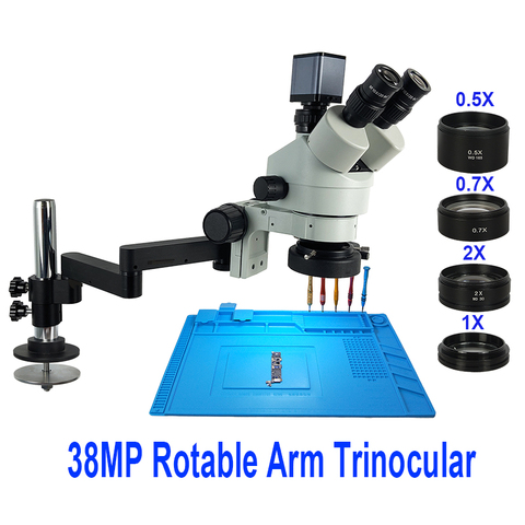 38MP HD 3,5-90X Universal soporte de brazo giratorio Trinocular estéreo Microscopio de soldadura HDMI USB TF Cámara LED teléfono ligero reparación ► Foto 1/6