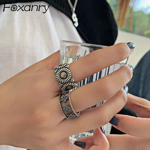 Foxanry INS de moda de Plata de Ley 925 Margarita plateada anillos para las mujeres Vintage hecho a mano creativo hueco geométrico Punk regalo de joyas de fiesta ► Foto 1/6