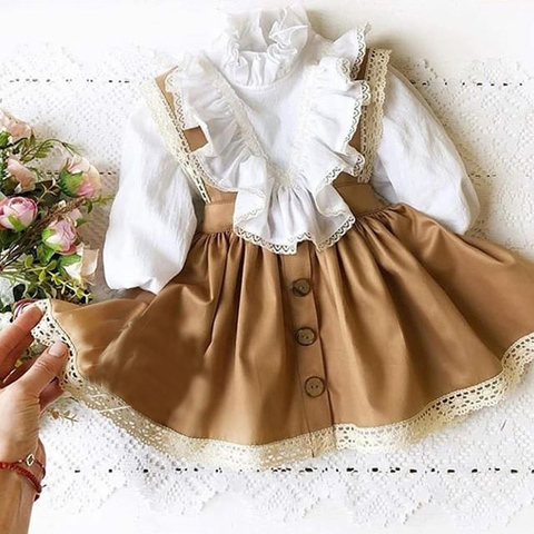 Conjuntos de ropa de otoño para niños pequeños, jersey de manga larga de encaje con volantes de 1-6 años, Camisetas, Tops, vestido de tirantes ► Foto 1/6