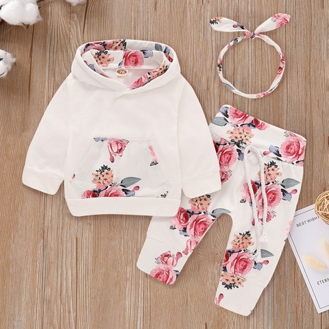 Conjunto de ropa para niña pequeña, traje para niña recién nacida, Bolsillo Blanco con capucha, Top + Pantalones de estampado Floral + diadema, moda para recién nacidos ► Foto 1/6