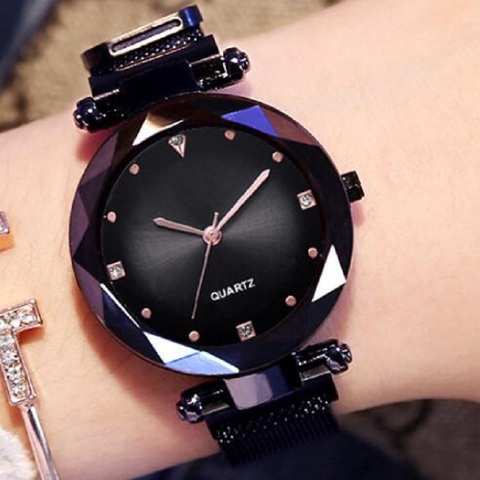 Relojes de lujo de oro rosa para mujer, pulsera de cuarzo con diamantes de imitación de malla magnética de cielo estrellado ► Foto 1/6