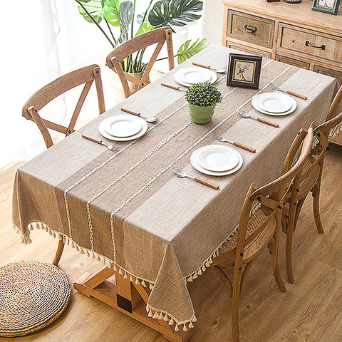 Manteles de lino de algodón, paño de mesa antidecoloración sin arrugas, cubierta de mesa de comedor para interiores y exteriores rectangular con borla ► Foto 1/6