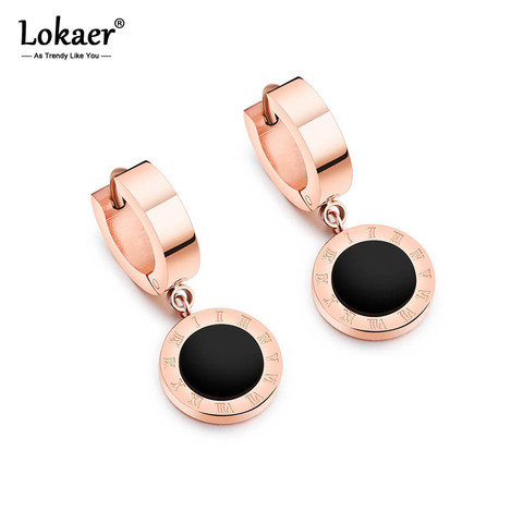 Lokaer-pendientes circulares de números romanos para mujer, aretes de boda de acero de titanio, oro rosa, concha negra/blanca, E18114 ► Foto 1/6