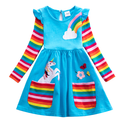 Vestido de unicornio de manga larga para niña, vestido bordado de algodón para niño, Vestido de cuello redondo de flores LH5908 ► Foto 1/6