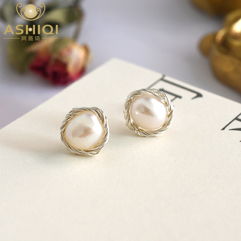 ASHIQI-pendientes de plata de ley 925 auténtica hechos a mano para mujer, joyería de perlas naturales de agua dulce 2022 ► Foto 1/6