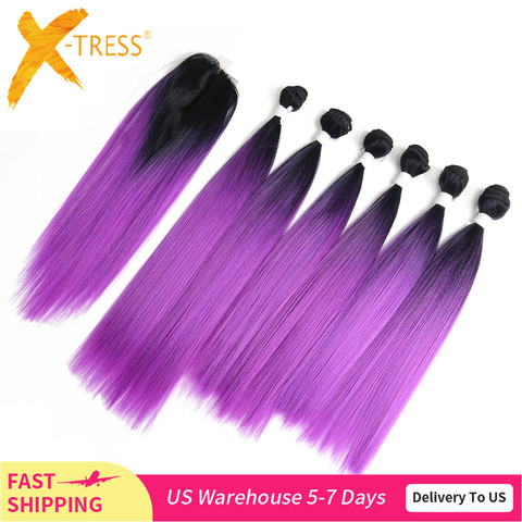 Yaki-mechones de pelo sintético liso con cierre de encaje, extensiones de cabello ondulado Color ombré, morado y rojo, 14-18 pulgadas, X-TRESS ► Foto 1/5