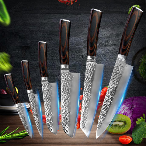 Santoku-cuchillos de Chef japoneses profesionales de acero inoxidable, Juego de Cuchillos de Cocina forjado, carne, verduras, frutas y pescado, con cubierta, 6 uds. ► Foto 1/6