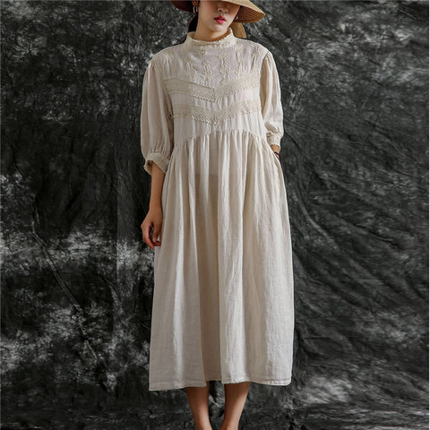 Johnature-vestido holgado de lino y algodón para verano, traje con botones de encaje en 3 colores, Estilo Vintage, 2022 ► Foto 1/6