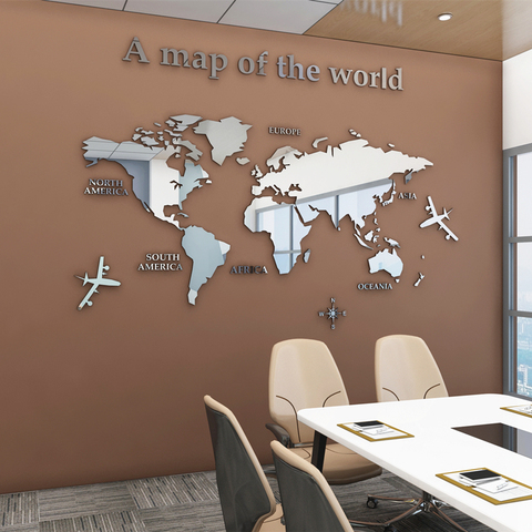 Mapa del mundo de tipo europeo para decorar las paredes de la oficina, pegatinas acrílicas 3D que son un espejo de cristal, se puede poner junto a la TV o el sofá ► Foto 1/6