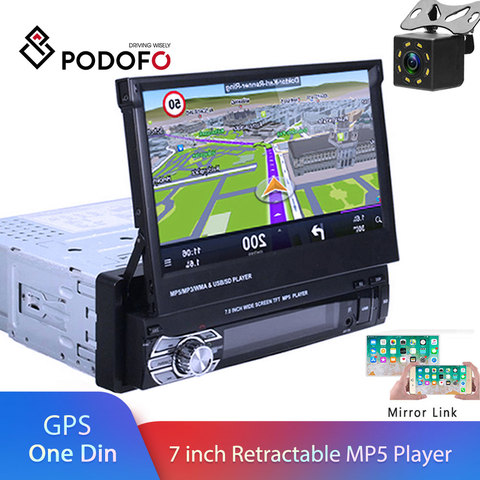 Radio de coche Podofo One din, reproductor MP5, navegación GPS, audio estéreo Multimedia para coche, Bluetooth, AUX-IN de Autoradio retráctil HD de 7 