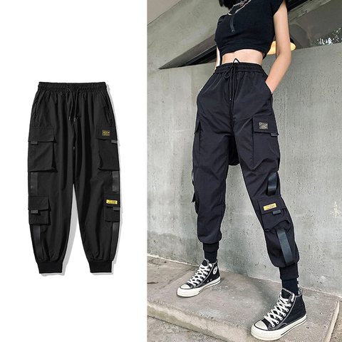 Streetwear negro pantalones mujeres estilo coreano pantalones elásticos de cintura pantalones holgados verano otoño Hip Hop Harajuku pantalones mujeres ► Foto 1/6