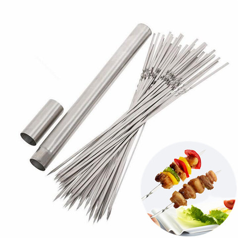 Pinchos de barbacoa reutilizables con tubo de almacenamiento, aguja de acero inoxidable para barbacoa, para acampar al aire libre, herramienta de Picnic, 25 uds. ► Foto 1/6