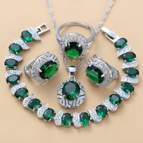 Conjunto de joyas grandes para mujer, de Color plateado, con piedra Natural CZ verde, pendientes de Clip, pulsera y anillo para mujer ► Foto 1/6
