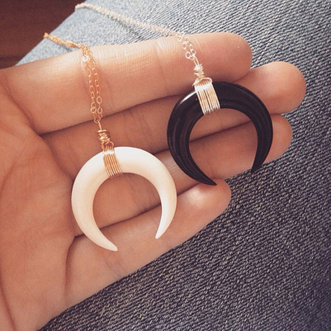 Collar de Colgante de Cuerno de hueso de marfil blanco para mujer, gargantilla de luna creciente negra, joyería de moda A475 ► Foto 1/6