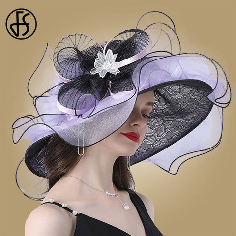 Sombreros grandes de ala ancha para mujer, sombreros blancos Fedora de Organza para fiesta, boda, Iglesia de mujer, sombrero de vestido, sombrero de vestir, sombrero ► Foto 1/6