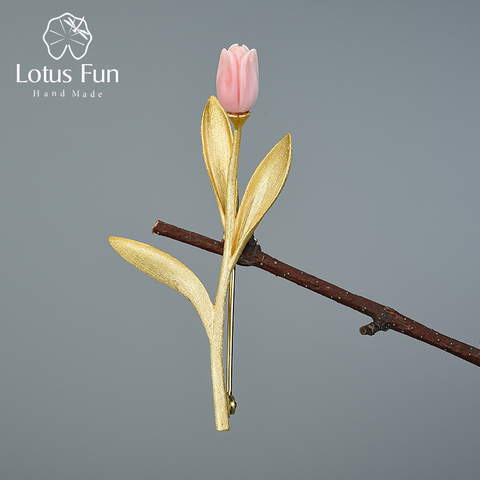 Lotus Fun-Broche plata de primera ley y oro 18K diseño tulipán para mujer, pasador, plata esterlina 925, oro de 18 quilates, con forma de flor, diseño fino, regalo chica, hecho a mano ► Foto 1/6