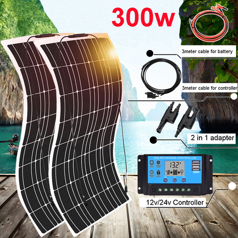 Panel solar flexible 12v 300w  kit placa solar cargador solar placas batería solar energía para el hogar Sistema 1000w 110v/220v inversor coche RV barco caravana camper camping PV ► Foto 1/6