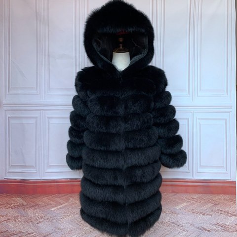 90cm abrigo largo de piel Real con capucha chaqueta de piel de zorro Natural Hood de talla grande mujer de invierno de alta calidad abrigo de piel auténtica chalecos ► Foto 1/6