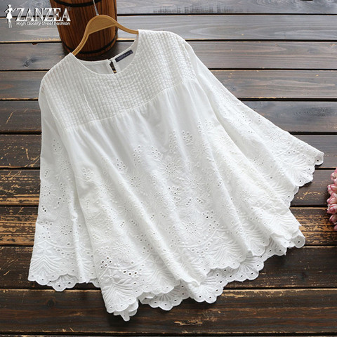 2022 ZANZEA moda Tops de encaje de las mujeres de otoño blusa Casual plisado hueco Blusas Mujer 3/4 camisas de manga de talla grande túnica 5XL ► Foto 1/6