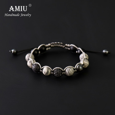 Pulsera hecha a mano con cuenta de piedra Natural para hombre de AMIU, pulsera con cuentas de cera de hematita facetada, pulsera con cuentas Shamballa negras ► Foto 1/5