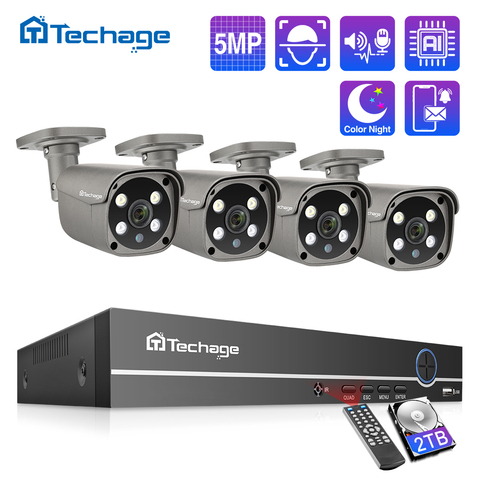 Techage-Sistema de videovigilancia de seguridad, Kit de NVR POE H.265, 4 canales, 5MP, Audio bidireccional, cámara IP ia IR para Vídeo impermeable al aire libre ► Foto 1/6