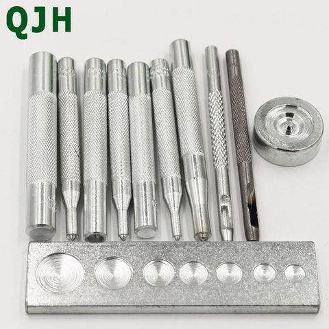 QJH 11 unids/set Metal cuero artesanal herramienta troquelado perforador Snap sujetador instalación Kit remache Setter Base Set para manualidades de cuero DIY ► Foto 1/6