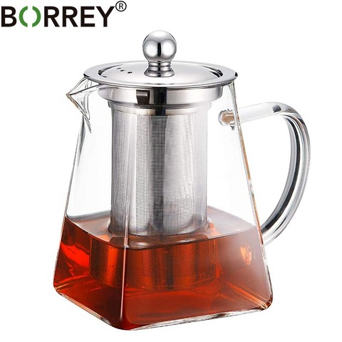 BORREY-TETERA cuadrada de vidrio resistente al calor con filtro Infusor de acero inoxidable, tetera de té de cristal transparente, juegos de tazas de té ► Foto 1/6