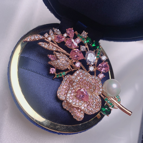 Broches rosas de circón para mujer y niña, broche con flor de cristal, broche de lujo, elegante, regalo de Navidad, joyería ► Foto 1/6