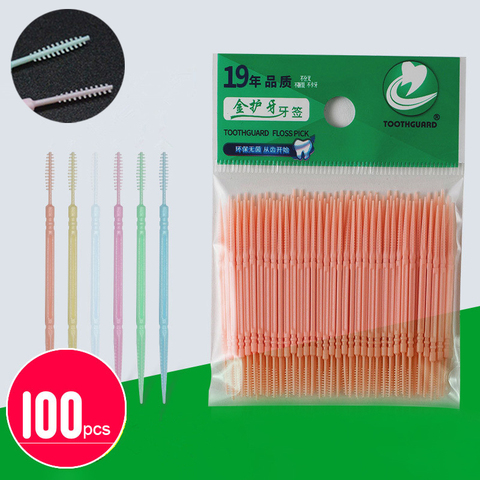 100 unids/caja de cabeza doble hilo Dental Interdental palillo de dientes cepillo los dientes palo Dental Cuidado Oral palillos de hilo Dental ► Foto 1/6