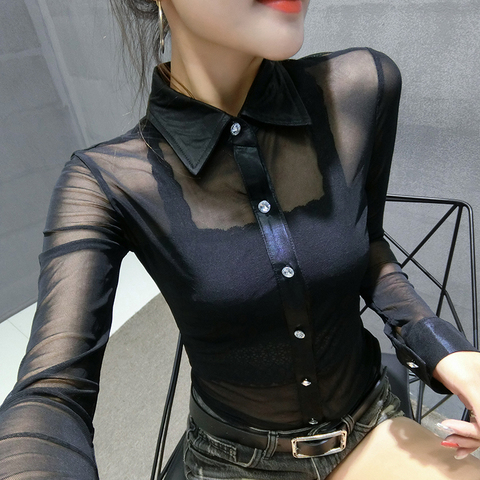 Camisa blusa transparente de malla 2022 Rebeca de manga larga ajustada para Mujer Tops club nocturno ver a través de mujeres Top Sexy mujer camisa 196C3 ► Foto 1/6