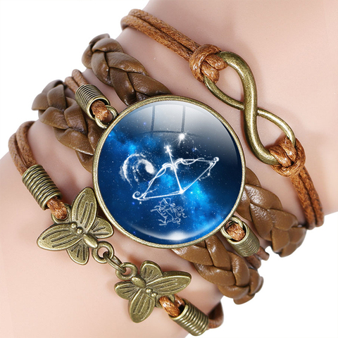 Pulsera de cuero con signo del zodiaco de 12 pulgadas, brazalete de Virgo Libra, escorpio, constelación de Sagitario, joyería para regalo de cumpleaños ► Foto 1/5