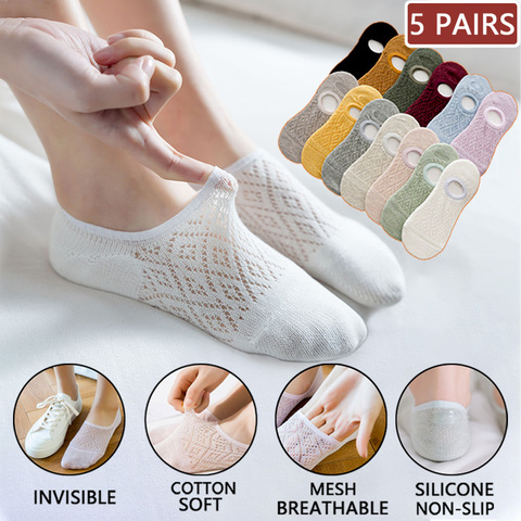 Calcetines invisibles antideslizantes de silicona para mujer, calcetines tobilleros de malla de Color sólido, calcetines invisibles, 5 pares ► Foto 1/6