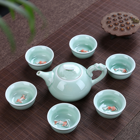 Longquan-juego de té de cerámica Celadon, tetera de cerámica, taza de té de cerámica, pescado, kungfú chino, juego de tazas para té, 1 olla + 6 tazas ► Foto 1/4