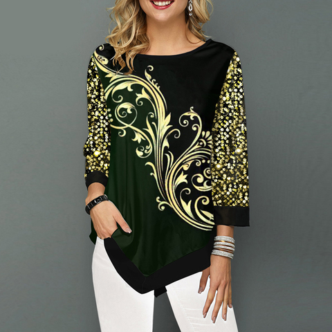 Las mujeres blusa camisa Patchwork camisetas de cuello redondo y manga larga elegante mujer imprimir camisetas Casual camiseta de talla grande 5XL ► Foto 1/6