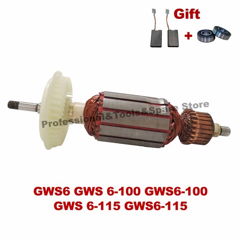 Ancla de Rotor con rodamiento libre y cepillo de carbono, reemplazo del estator de la amoladora angular BOSCH GWS6-100 GWS 6-220 GWS6-115, 240V-100 V ► Foto 1/6