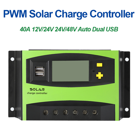 Controlador Solar de 40A, regulador de carga Solar, Dual USB, PWM, PV, 12V, 24V, batería, identificación automática, pantalla LCD ► Foto 1/6
