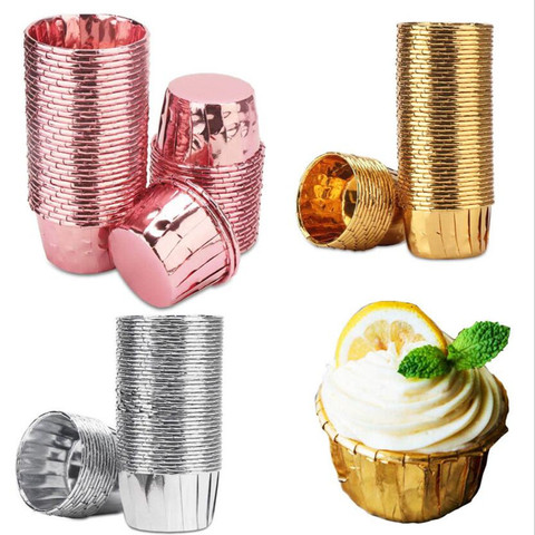 Envoltorios de papel de aluminio para cupcakes, Copas de papel para magdalenas, cupcakes revestimiento para dorado y plateado, cajas de bandeja para hornear, casetes de boda, 50 Uds. ► Foto 1/6